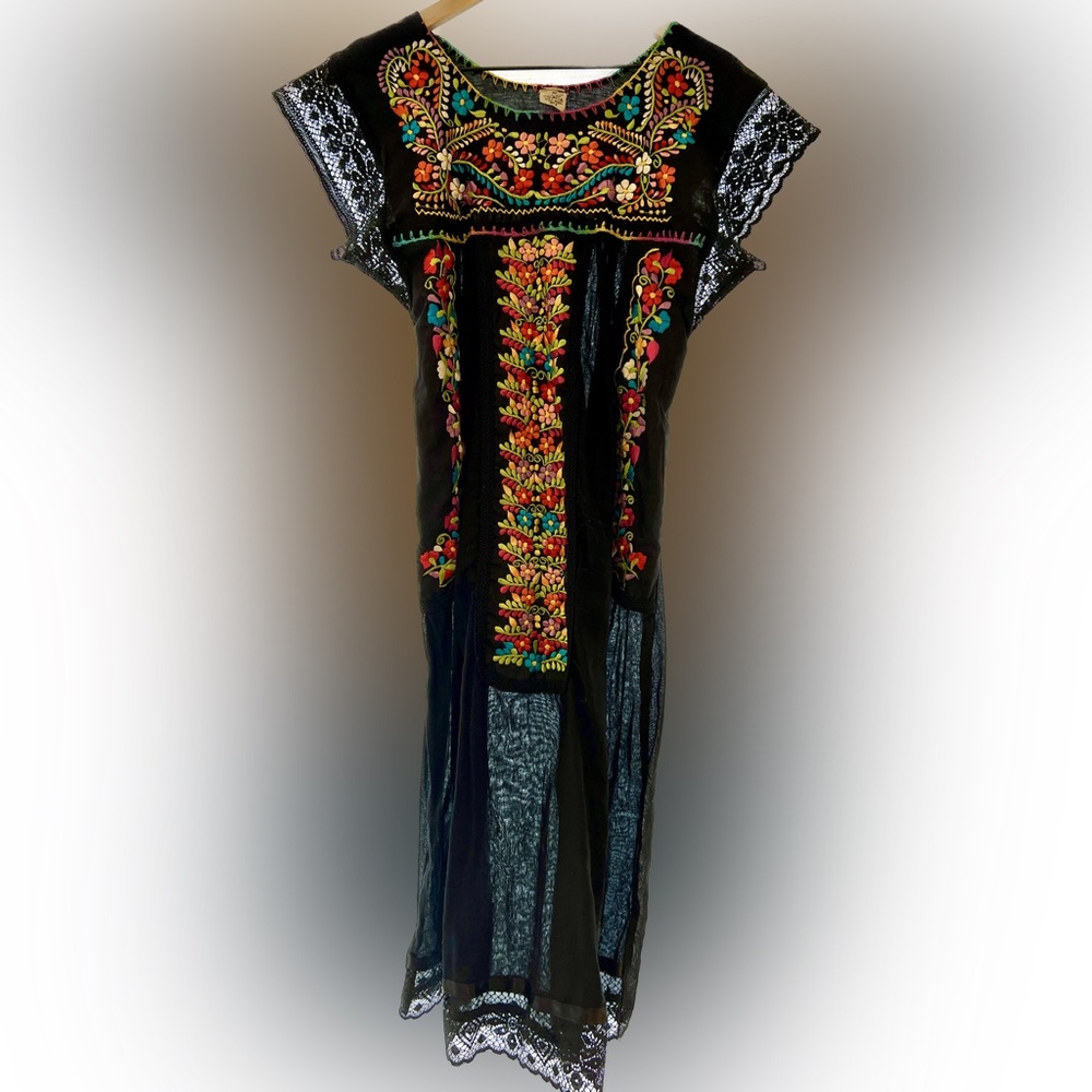 Authentic Mexican dress with embroidered florals - Black/Multi-color - M/L